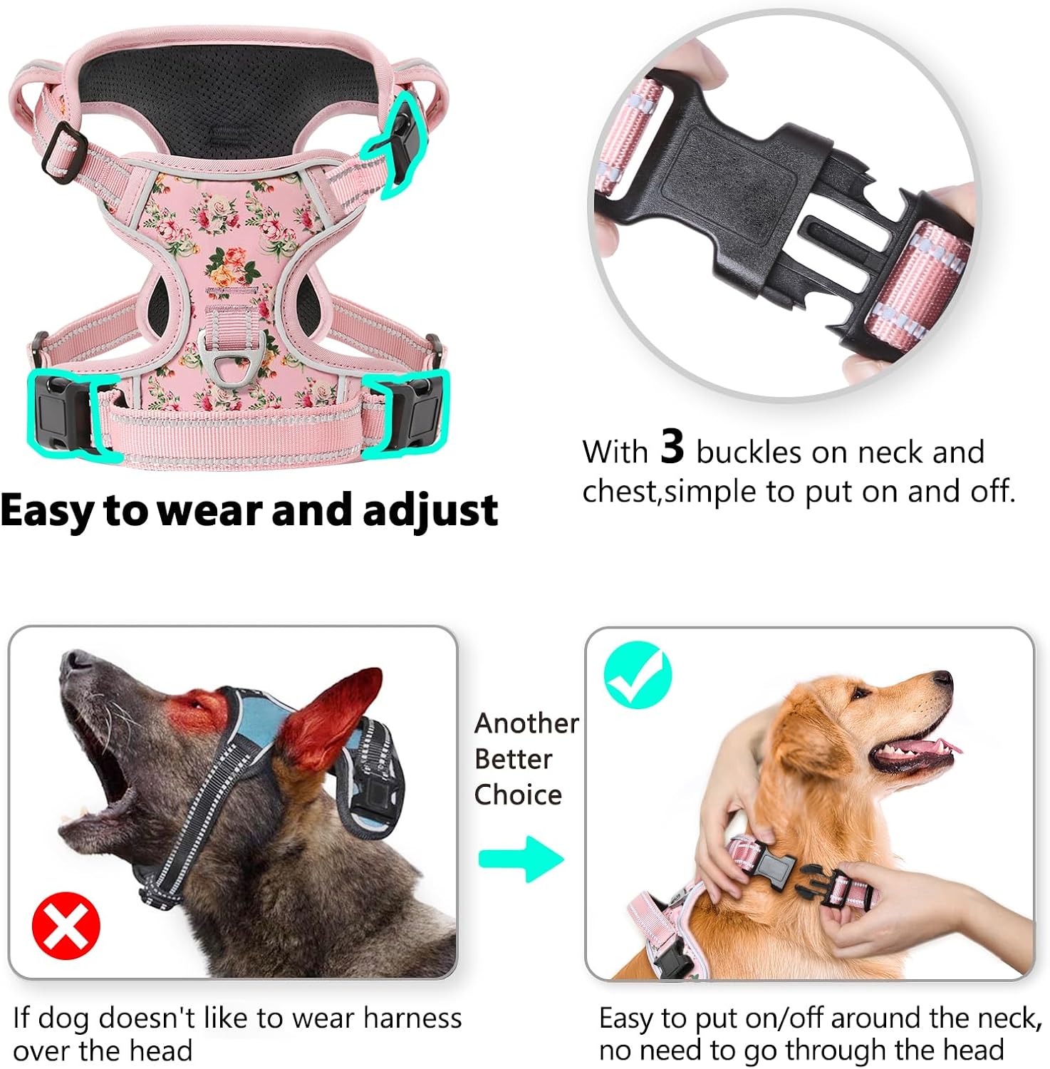 Medium Adjustable Dog Harness with Quick Release Buckles, Soft Padding, Reflective Details and Dual Clips - Image 2